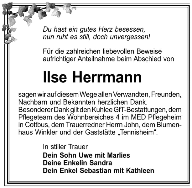 Danksagung Ilse Herrmann