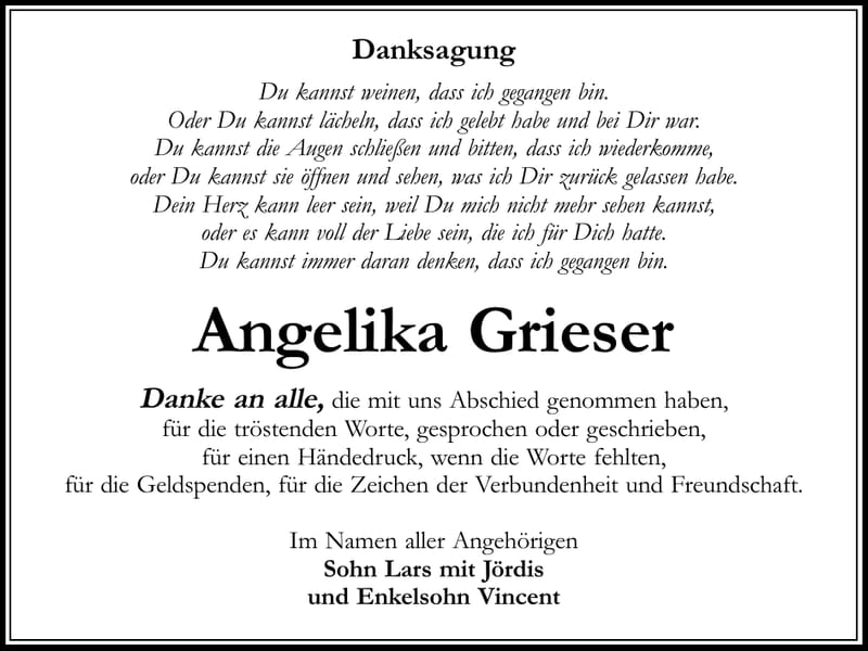 Traueranzeige Angelika Grieser, geb. Kallnik