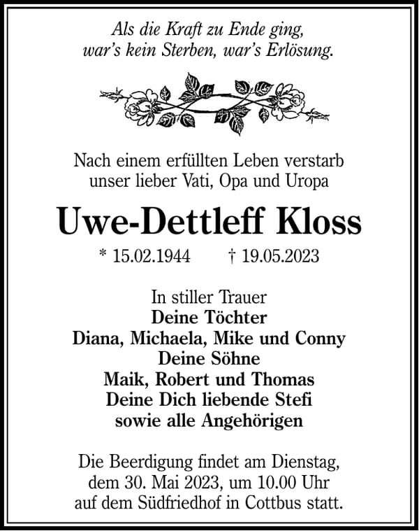 Traueranzeige Uwe-Dettleff Kloss