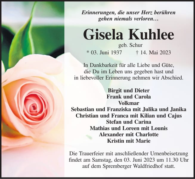 Traueranzeige Gisela Kuhlee, geb. Schur