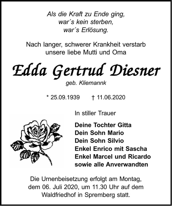 Traueranzeige Edda Gertrud Diesner, geb. Kliemann