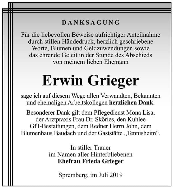 Traueranzeige Erwin Grieger
