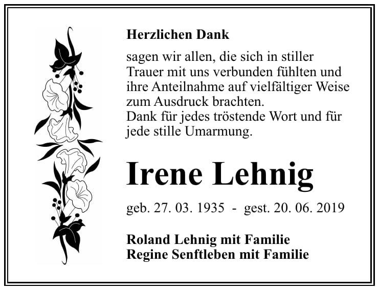 Traueranzeige Irene Lehnig