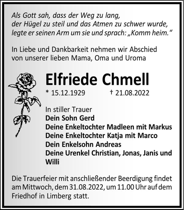 Traueranzeige Elfriede Chmell