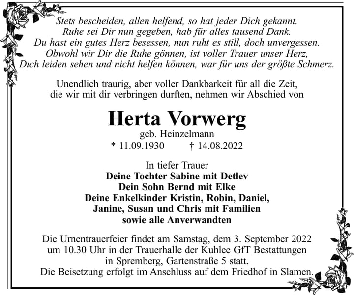 Traueranzeige Herta Vorwerg, geb. Heinzelmann
