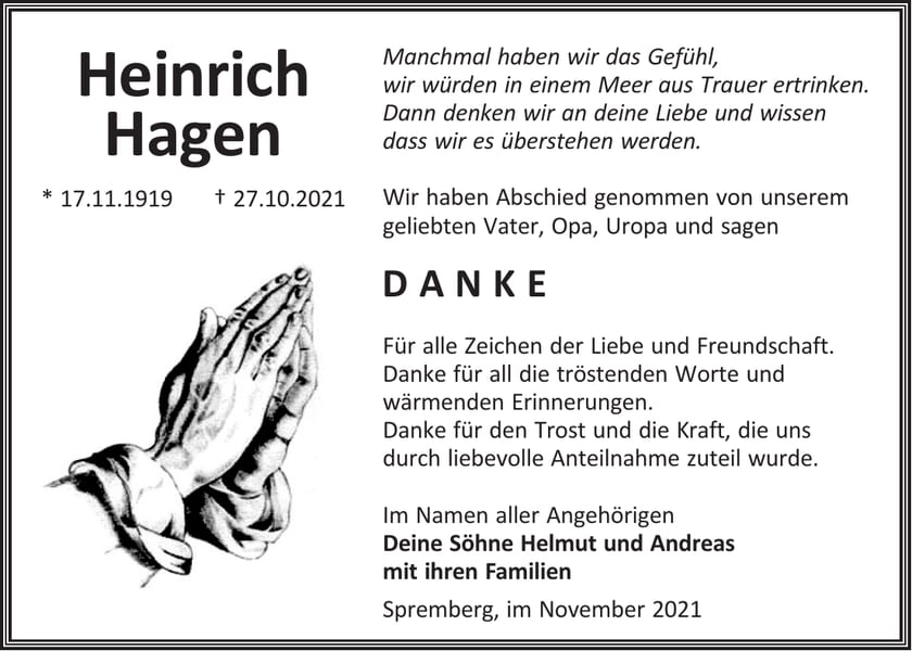 Danksagung Heinrich Hagen