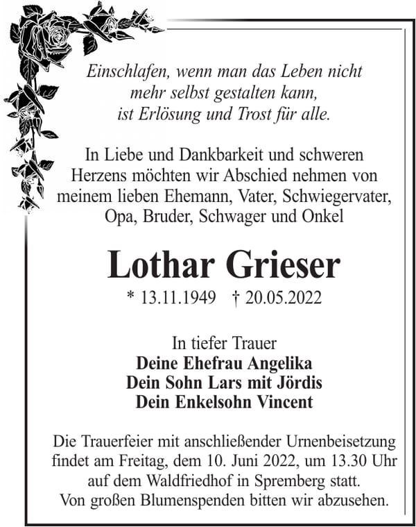 Traueranzeige Lothar Grieser
