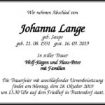 Traueranzeige Johanna Lange, geb. Saupe