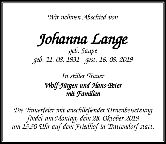Traueranzeige Johanna Lange, geb. Saupe
