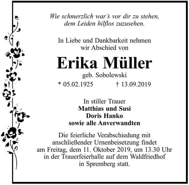 Traueranzeige Erika Müller, geb. Sobolewski