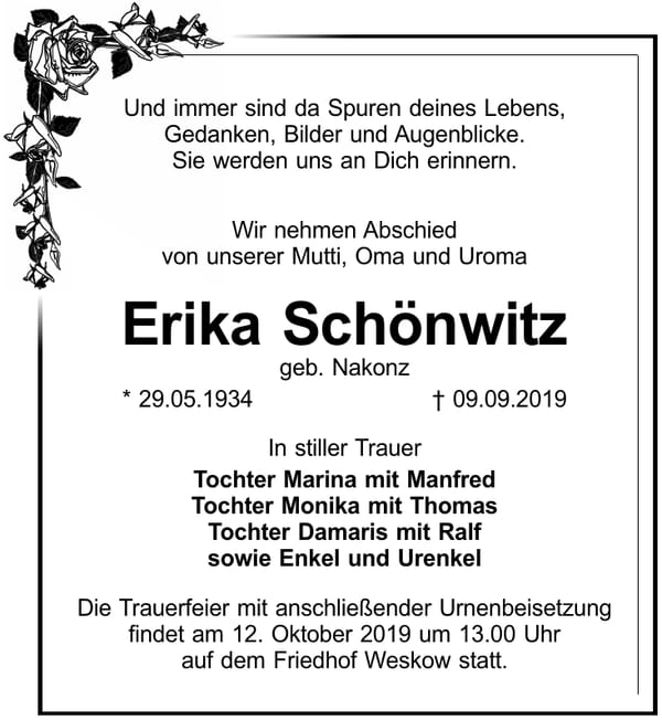 Traueranzeige Erika Schönwitz, geb. Nakonz