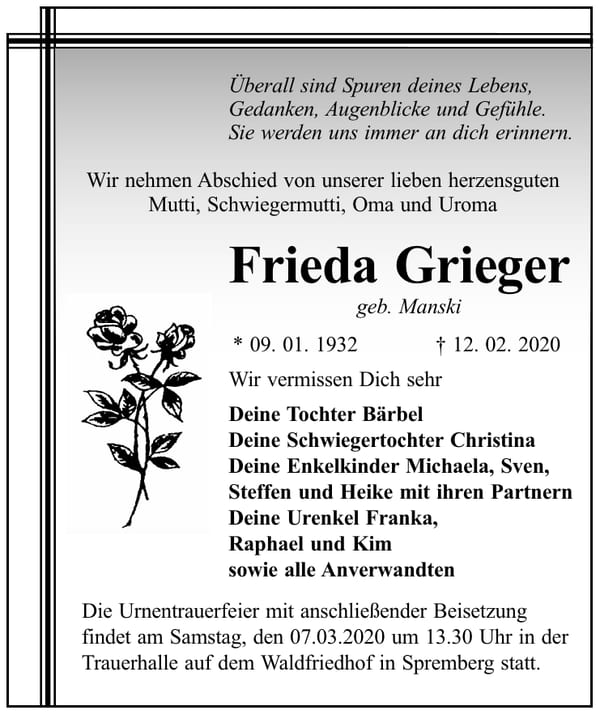 Traueranzeige Frieda Grieger, geb. Manski