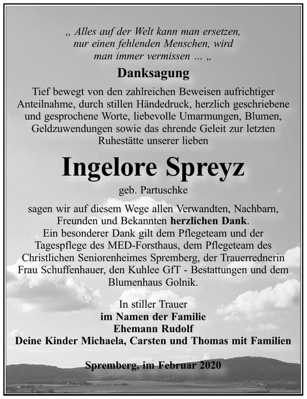 Danksagung Ingelore Spreyz, geb. Partuschke