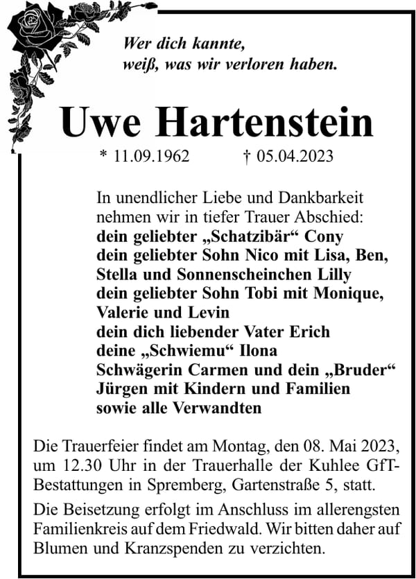 Traueranzeige Uwe Hartenstein