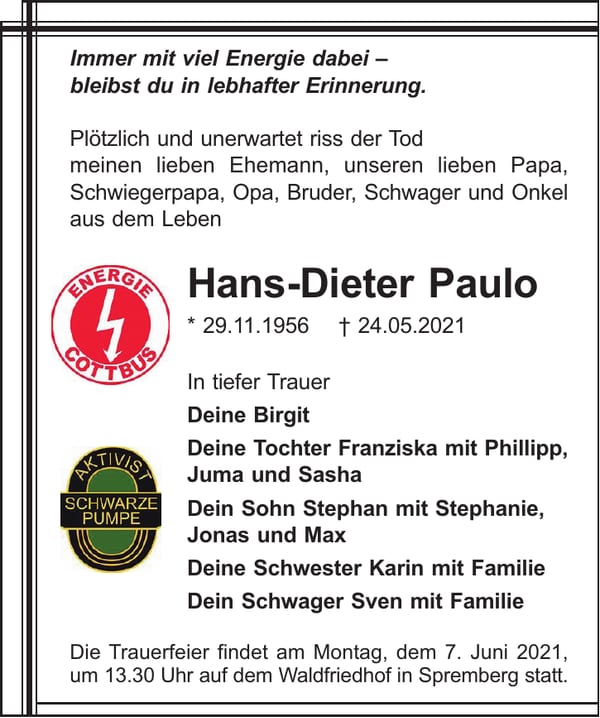 Traueranzeige Hans-Dieter Paulo