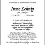 Traueranzeige Irene Lehnig, geb. Schwager