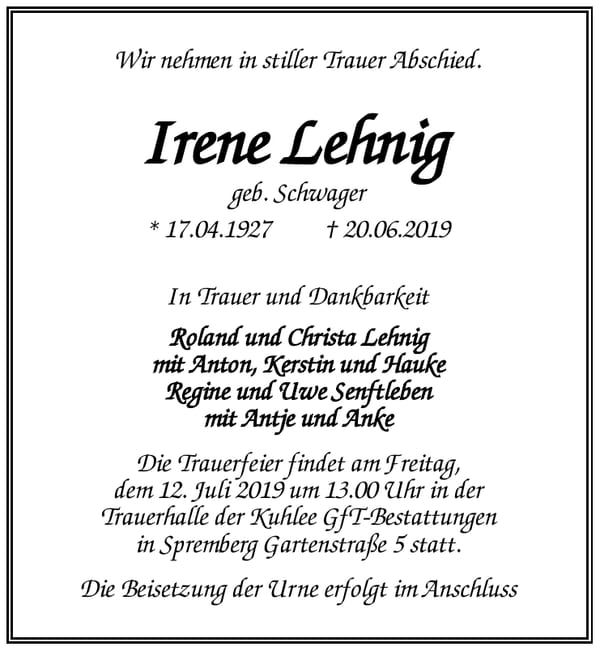 Traueranzeige Irene Lehnig, geb. Schwager