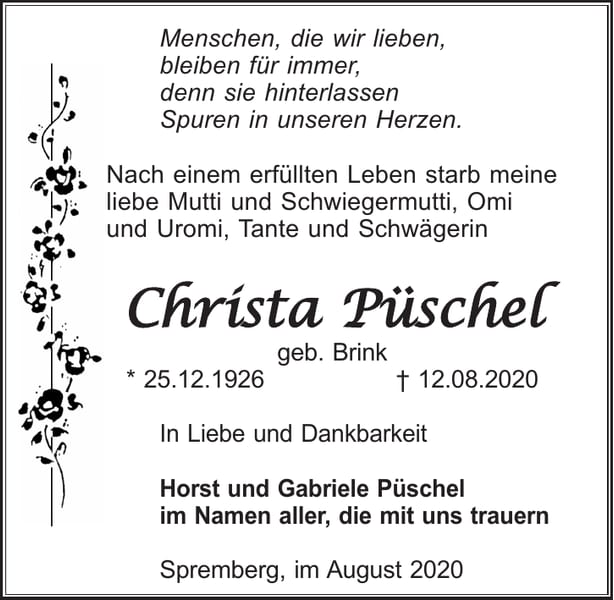 Traueranzeige Christa Püschel, geb. Brink