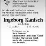Traueranzeige Ingeborg Kanisch, geb. Kelling