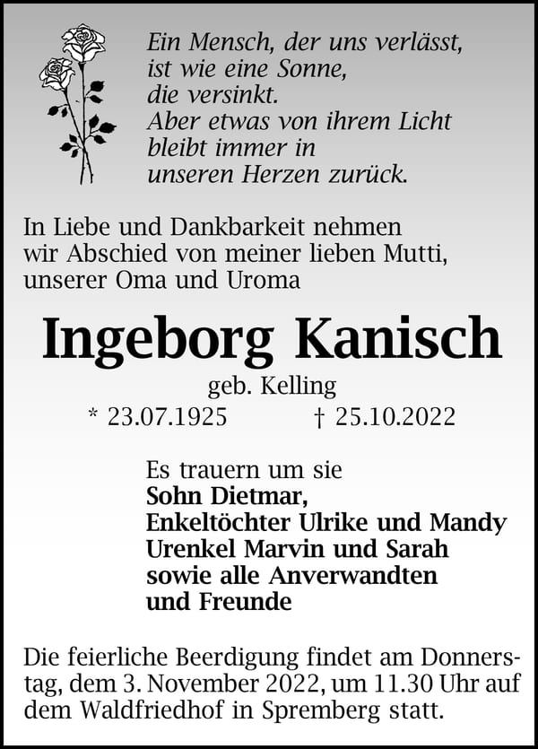 Traueranzeige Ingeborg Kanisch, geb. Kelling