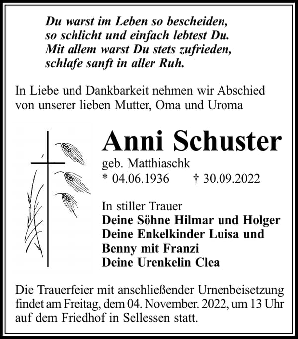 Traueranzeige Anni Schuster, geb. Matthiaschk