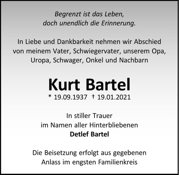 Traueranzeige Kurt Bartel