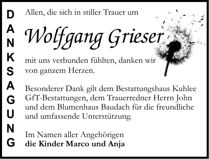 Danksagung Wolfgang Grieser