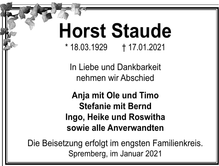 Traueranzeige Horst Staude