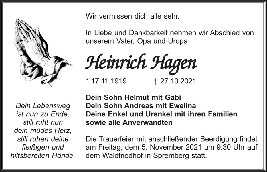 Traueranzeige Heinrich Hagen