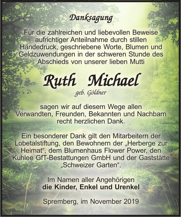 Danksagung Ruth Michael, geb. Göldner