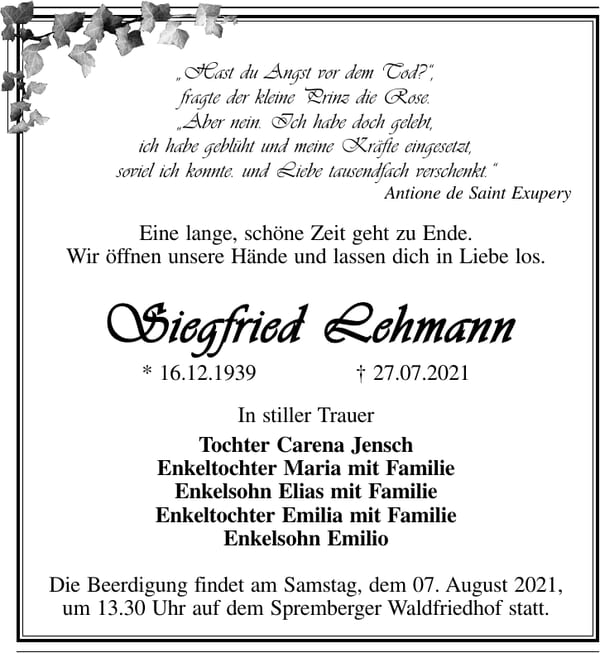 Traueranzeige Siegfried Lehmann