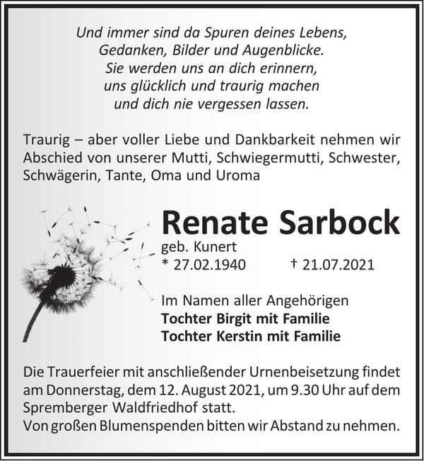 Traueranzeige Renate Sarbock, geb. Kunert