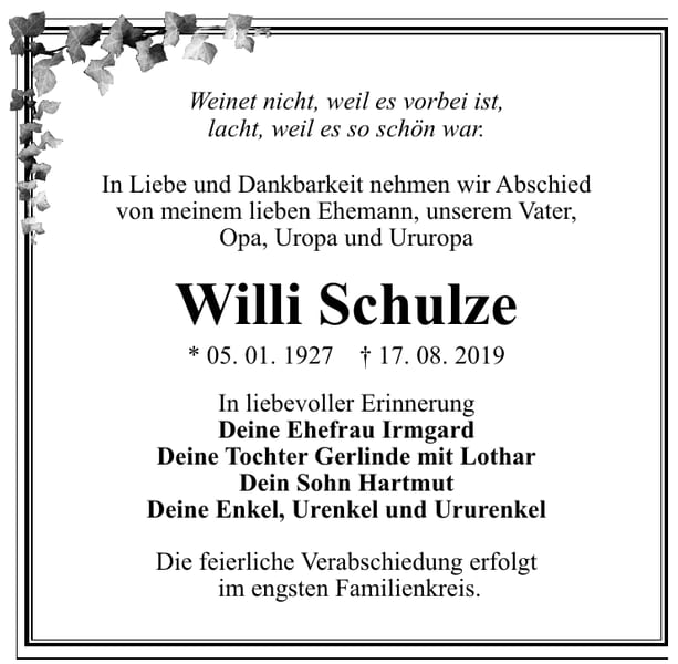 Traueranzeige Willi Schulze