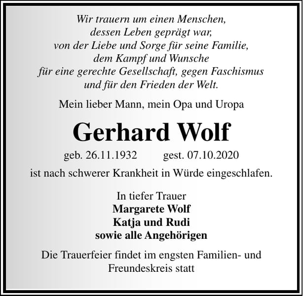 Traueranzeige Gerhard Wolf