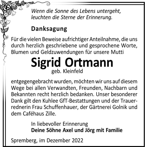 Danksagung Sigrid Ortmann, geb. Kleinfeld