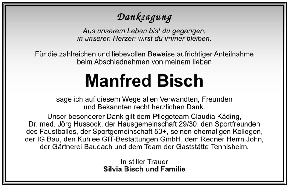 Traueranzeige Manfred Bisch