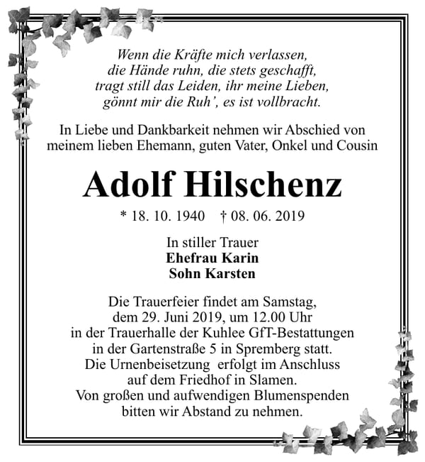 Traueranzeige Adolf Hilschenz