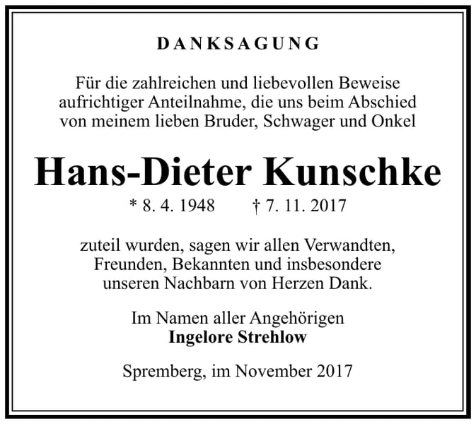 Danksagung Hans-Dieter Kunschke