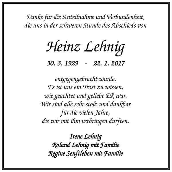 Danksagung Heinz Lehnig