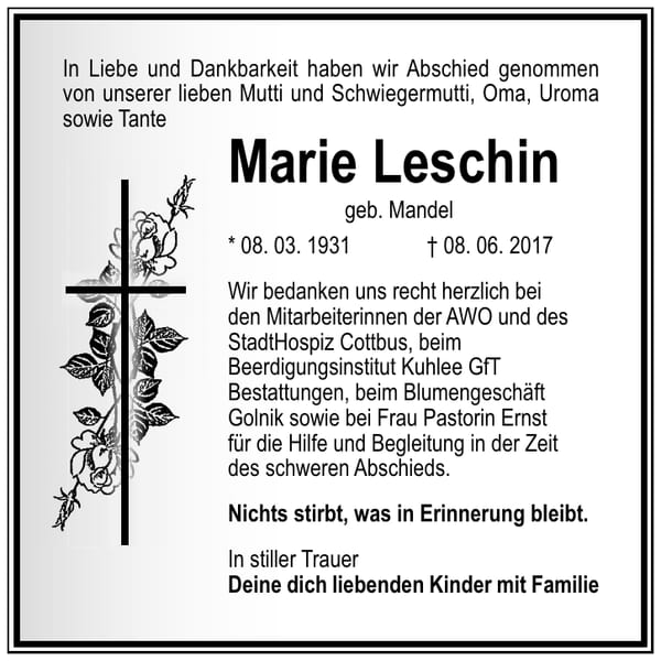 Danksagung Marie Leschin, geb. Mandel