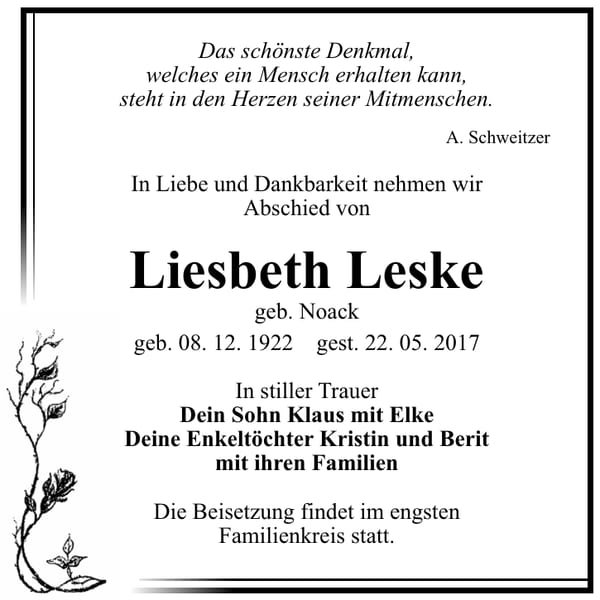 Traueranzeige Liesbeth Leske, geb. Noack