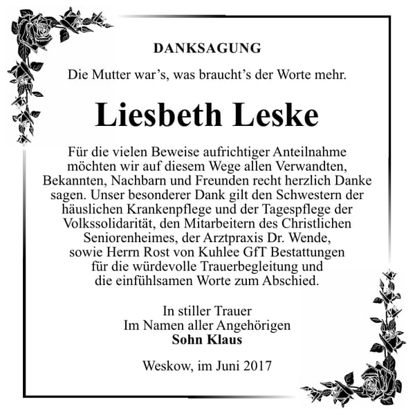 Danksagung Liesbeth Leske