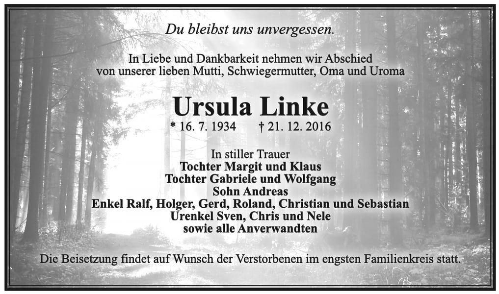 Traueranzeige Ursula Linke