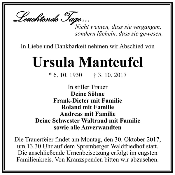 Traueranzeige Ursula Manteufel