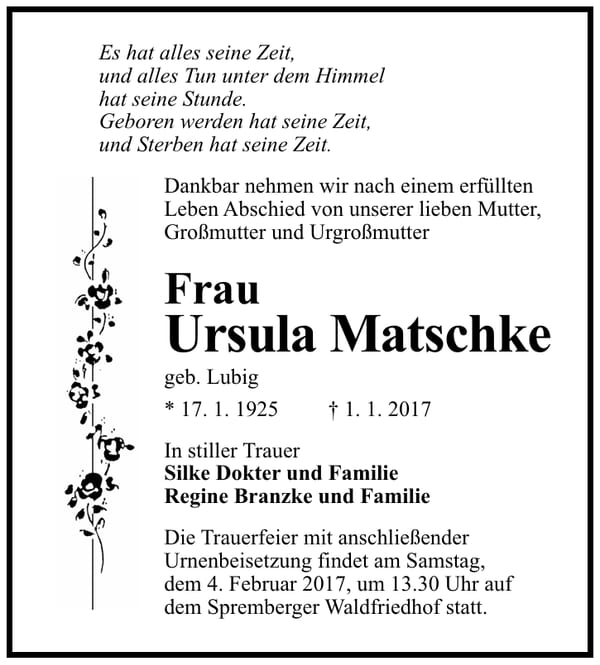 Traueranzeige Ursula Matschke, geb. Lubig