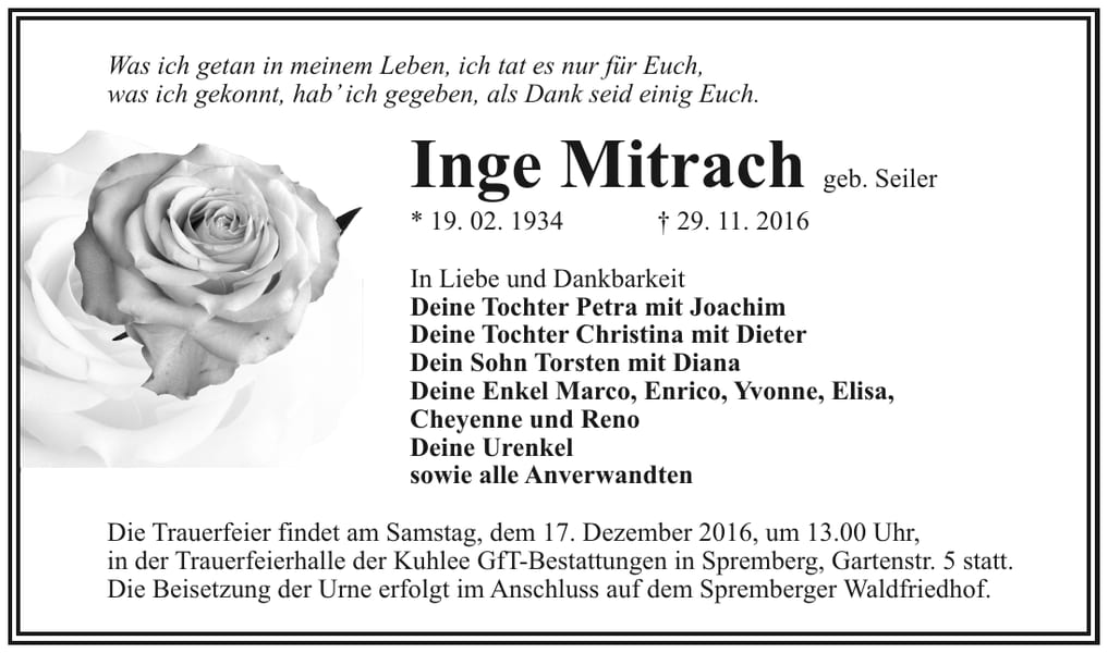 Traueranzeige Inge Mitrach, geb. Seiler