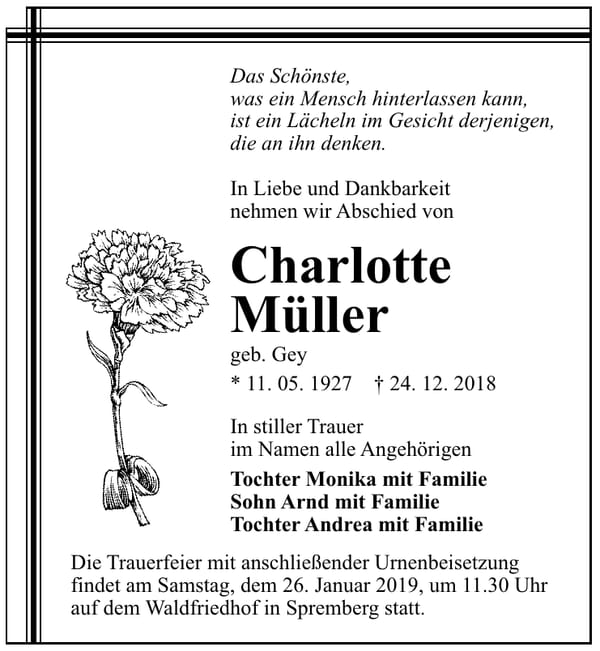Traueranzeige Charlotte Müller, geb. Gey