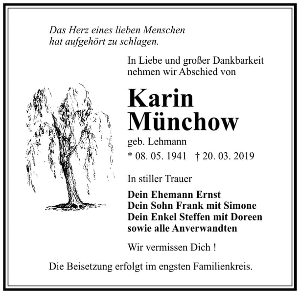Traueranzeige Karin Münchow, geb. Lehmann