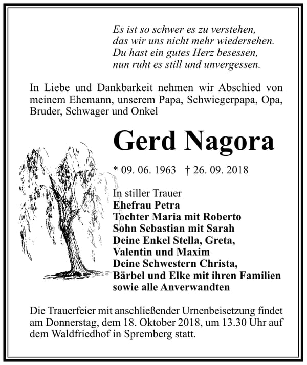 Traueranzeige Gerd Nagora
