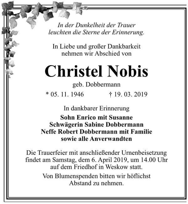 Traueranzeige Christel Nobis, geb. Dobbermann